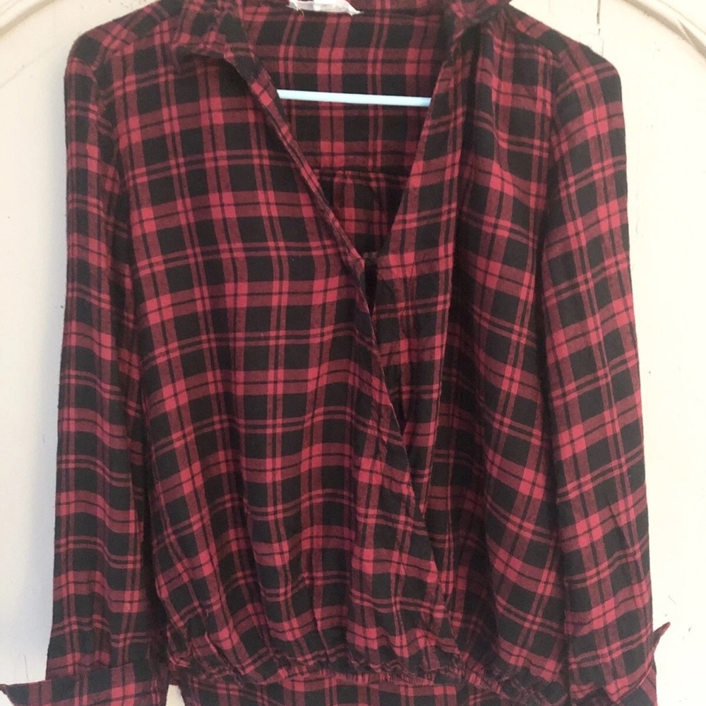 beachlunchlounge Red and Black Buffalo Plaid Blouse Fall ~ Small